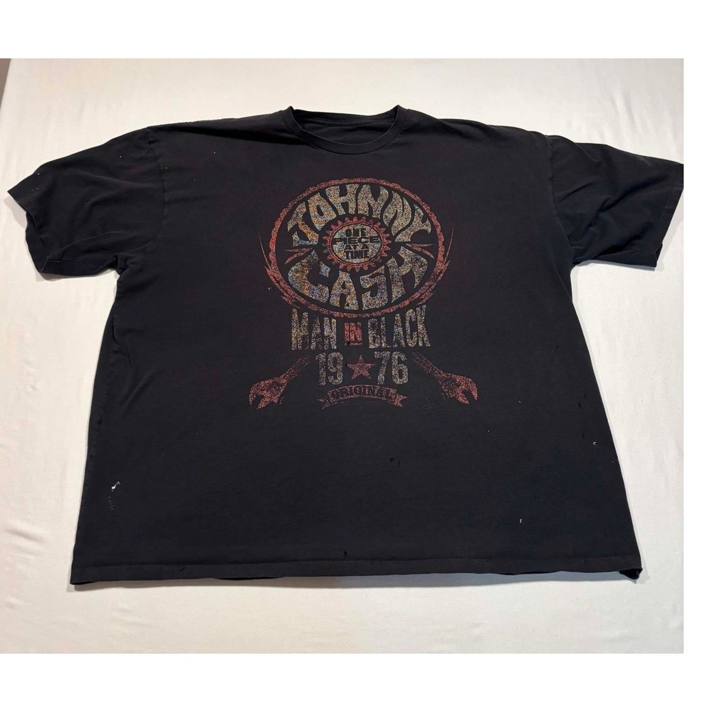 Johnny Cash Man in Black 1976 Graphic T-Shirt Black Distressed Mens 3XL
